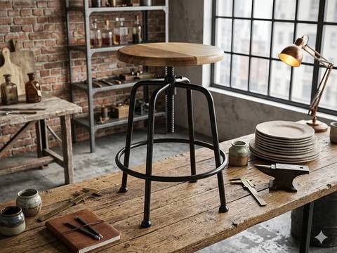 Tabouret de bar industriel réglable – Bois & Métal – État Neuf