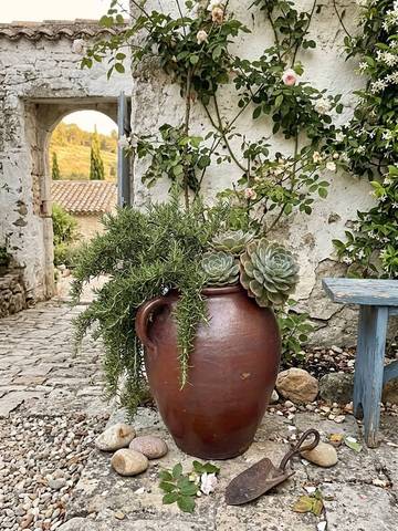 Ancienne jarre en terre cuite vernissée vintage - Pot de jardin / Déco rustique