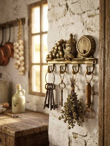 Porte-clés mural en laiton vintage motif Vigne & Tonneau - Made in Italy