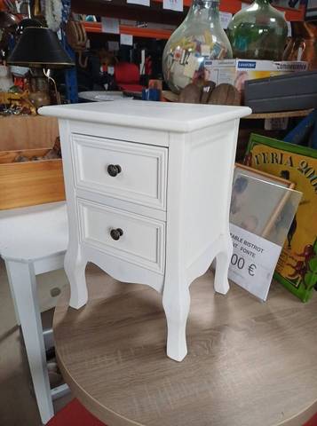 Petite table de chevet blanche 2 tiroirs style baroque / vintage