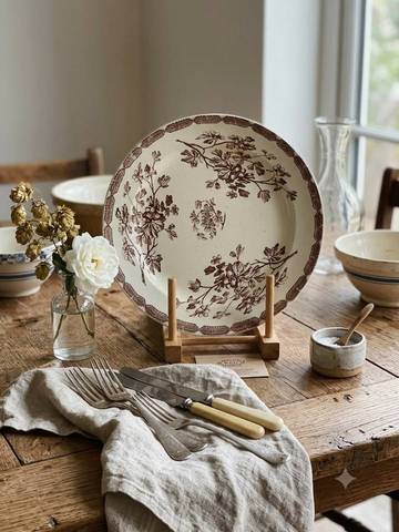 Grand plat rond vintage Lunéville K&G terre de fer - Décor floral marron
