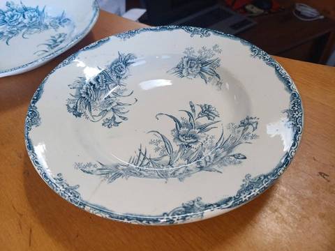 Paire d'assiettes creuses anciennes terre de fer - Décor floral bleu (21,5 cm)
