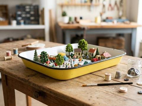 Plateau / Plat en tôle émaillée jaune et blanc vintage — L36 x l29 cm