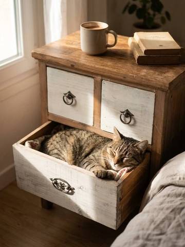 Chevet / Table de nuit bois brut et blanc - Style campagne chic / vintage