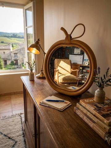 Miroir pomme en rotin vintage / osier - Années 60/70 - Très bon état