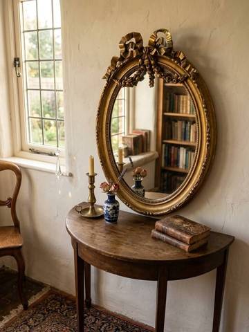 Ancien miroir ovale doré style Louis XVI à nœud - Charme & Vintage