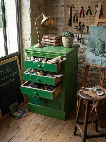 Meuble de métier vintage 6 tiroirs vert - Style atelier / brocante