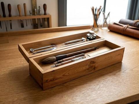 Boîte longue en bois massif à charnières / Plumier / Coffret de rangement
