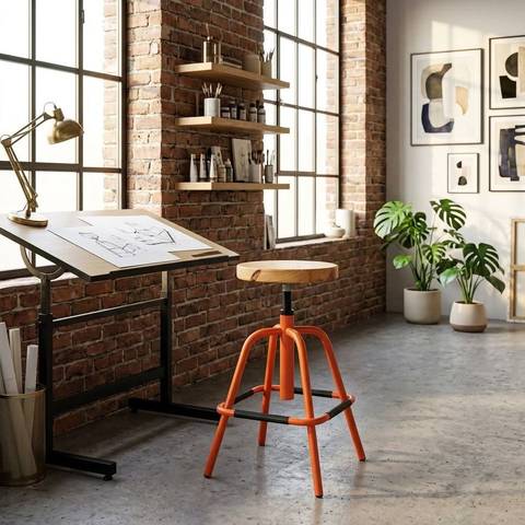 Tabouret d'atelier vintage réglable orange assise bois massif