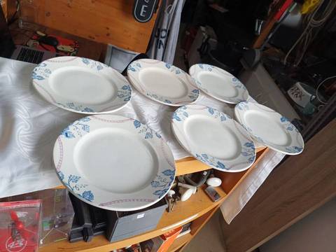 Lot de 6 assiettes plates anciennes en faïence — Décor bleu & rose (Ø 22 cm) – photo 2
