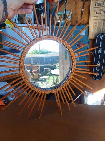 Miroir soleil vintage en rotin Ø 50,5 cm – Déco bohème / rétro