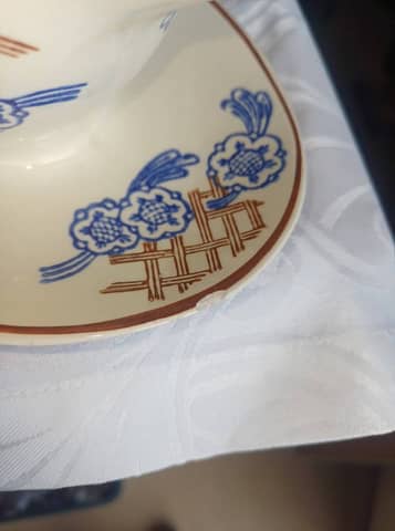 Lot vaisselle ancienne Longwy en faïence – Plat ovale, compotier & saucière – photo 8