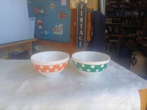 Paire de Bols Vintage Arcopal à Pois Orange et Vert - Années 70 Pop Art   polka