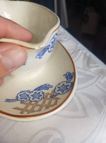 Lot vaisselle ancienne Longwy en faïence – Plat ovale, compotier & saucière – photo 7