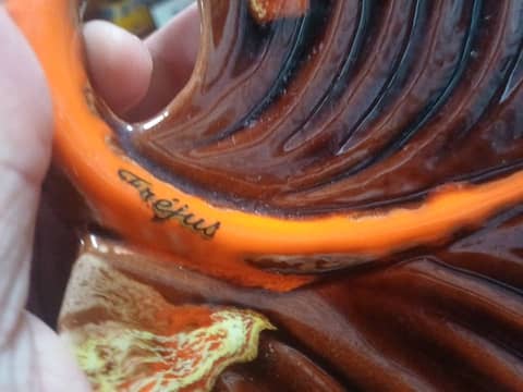 Grand plat feuille céramique Vallauris vintage 70s - Orange & Marron – photo 6