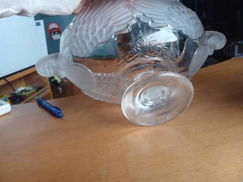 Coupe sur pied / Centre de table vintage en verre dépoli motif plumes & cygnes art deco 1930 env – photo 7
