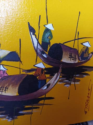 Tableau peinture vintage scène de pêcheurs asiatiques / Vietnam – Barques sur fond jaune – photo 3