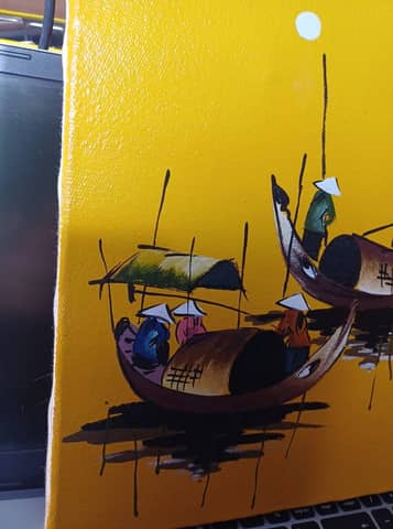 Tableau peinture vintage scène de pêcheurs asiatiques / Vietnam – Barques sur fond jaune – photo 2